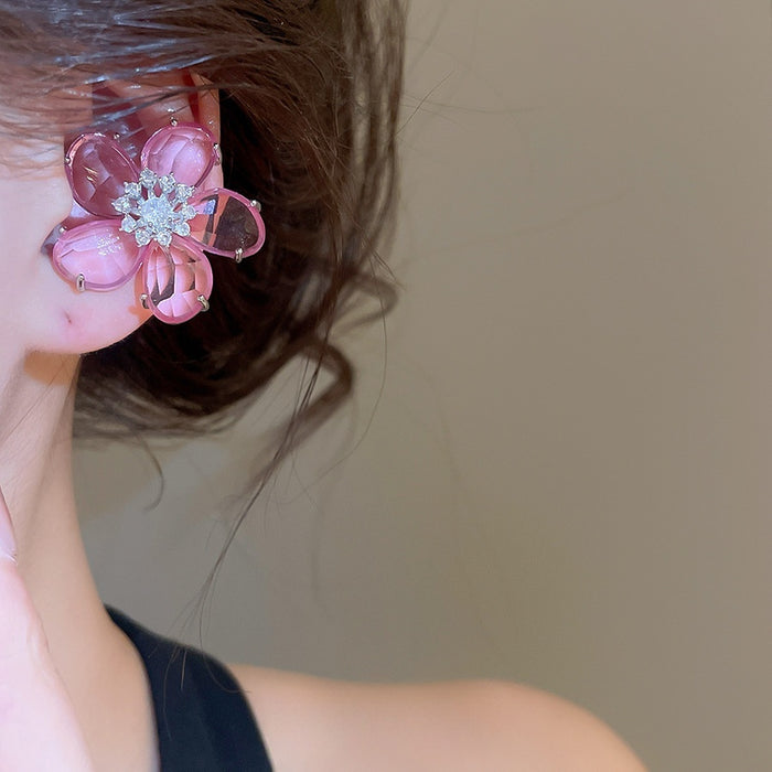 Copper Crystal Flower Clip-on Earrings For Women, No-Piercing Fashion OL Ear Cuffs