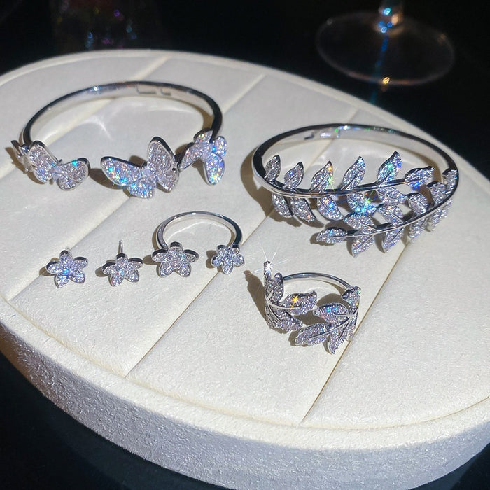 Light Luxury Copper Zircon Butterfly Leaf Flower Stud Earrings Bracelet Ring Jewelry Set