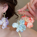 Fabric Flower Crystal Drop Earrings With Silver Needle Posts, Sweet Vacation Style Jewelry view 1