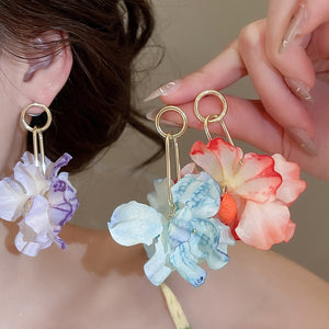 Fabric Flower Crystal Drop Earrings With Silver Needle Posts, Sweet Vacation Style Jewelry