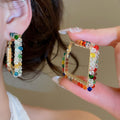 Colorful Glass Crystal Beaded Hoop Earrings With Silver Posts Geometric Circle Luxury Style view 3
