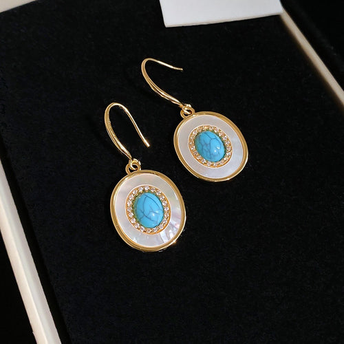 Mother Of Pearl Shell Turquoise Oval Geometric Hook Earrings For Women Vintage Court Style