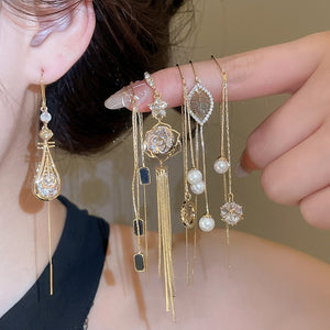 14K Gold Plated Copper Teardrop Rhinestone Threader Earrings With Silver Needles