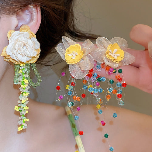 Yellow Fabric Flower Tassel Drop Earrings For Women Vacation Style Floral Statement Jewelry
