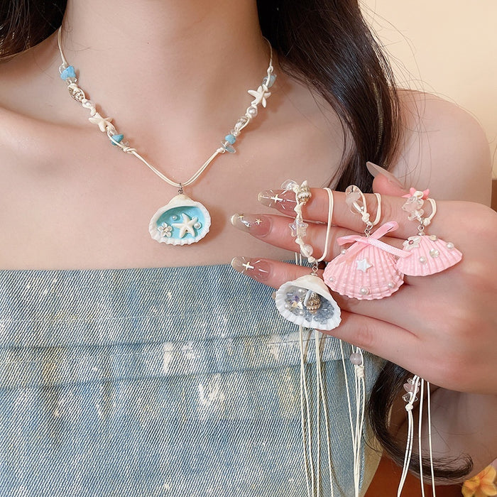 Sweet Holiday Shell Beaded Animal Charm Necklace For Women Vacation Beach Collarbone Jewelry