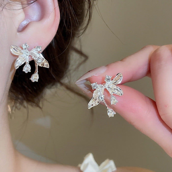 Sparkling Rhinestone Flower Stud Earrings, Alloy Metal Light Luxury Designer Jewelry