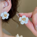 French Vintage Enamel Camellia Flower Copper Stud Earrings With Silver Posts Elegant Chic Jewelry view 4