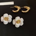 French Vintage Enamel Camellia Flower Copper Stud Earrings With Silver Posts Elegant Chic Jewelry view 3