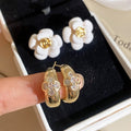French Vintage Enamel Camellia Flower Copper Stud Earrings With Silver Posts Elegant Chic Jewelry view 1