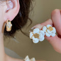 French Vintage Enamel Camellia Flower Copper Stud Earrings With Silver Posts Elegant Chic Jewelry view 2