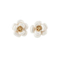 French Vintage Enamel Camellia Flower Copper Stud Earrings With Silver Posts Elegant Chic Jewelry view 5