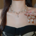 French Vintage Alloy Teardrop Pearl Heart Necklace Earrings Jewelry Set For Bridal Evening Wear view 2