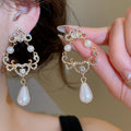 French Vintage Alloy Teardrop Pearl Heart Necklace Earrings Jewelry Set For Bridal Evening Wear view 4