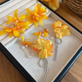 Yellow Flower Tassel Drop Earrings With Faux Pearl And Silver Pin, Sweet Vacation Style view 3
