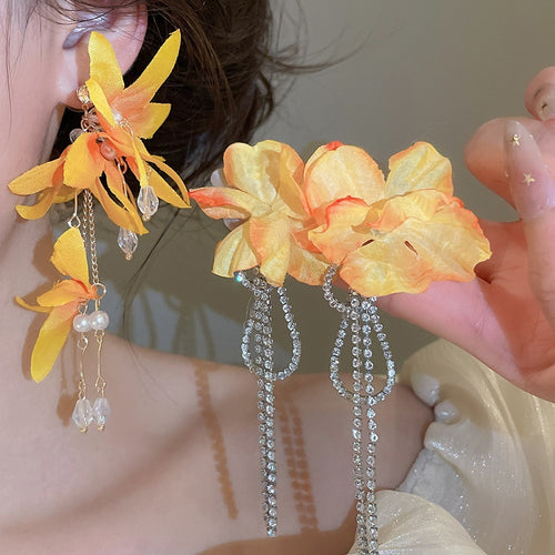 Yellow Flower Tassel Drop Earrings With Faux Pearl And Silver Pin, Sweet Vacation Style