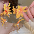 Yellow Flower Tassel Drop Earrings With Faux Pearl And Silver Pin, Sweet Vacation Style view 4