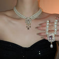 Court Style Layered Faux Pearl Rhinestone Flower Pendant Necklace Vintage Luxury Choker For Women view 1