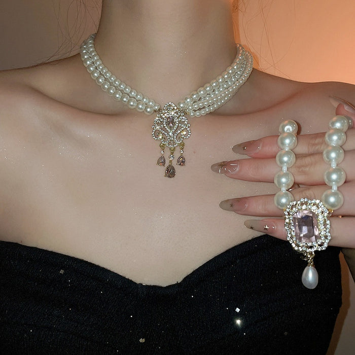 Court Style Layered Faux Pearl Rhinestone Flower Pendant Necklace Vintage Luxury Choker For Women
