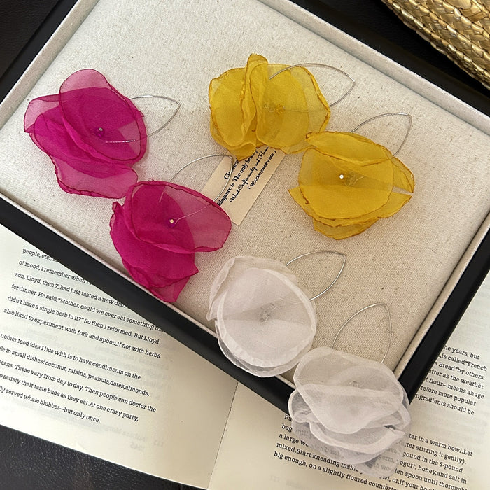 Elegant Korean Organza Mesh Flower Alloy Wire Studs, Sweet Vacation Fabric Floral Earrings