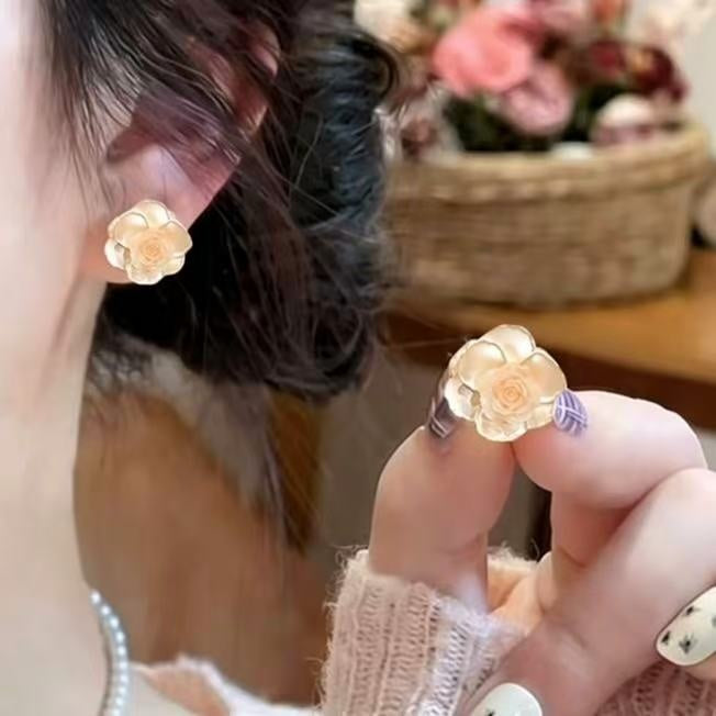 Peach White Tea Pink Camellia Resin Flower Stud Earrings Sweet Elegant Niche Design For Women