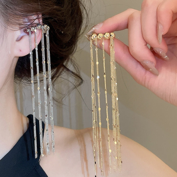 Copper Geometric Tassel Clip-on Earrings, Long European Style Luxury Ear Cuffs