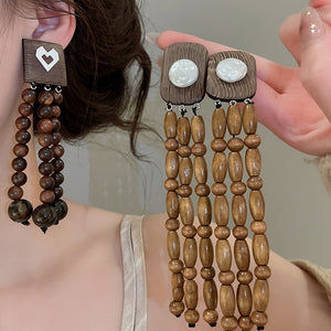 Ethnic Vintage Resin Beaded Tassel Drop Earrings With Round Geometric Long Statement Design