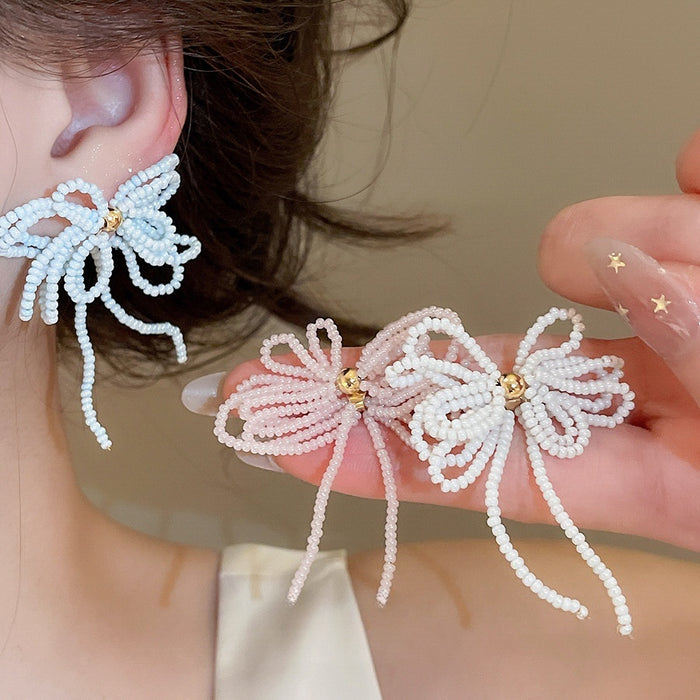 French Sweet Bow Crystal Glass Stud Earrings Elegant Princess Style Versatile Jewelry