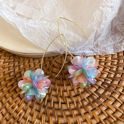 Iridescent Flower Petal Imitation Pearl Drop Earrings, Vacation Style Statement Floral Jewelry
