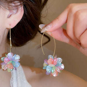 Iridescent Flower Petal Imitation Pearl Drop Earrings, Vacation Style Statement Floral Jewelry