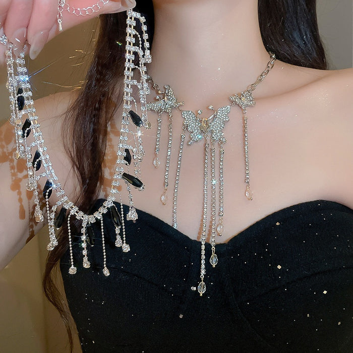 Sparkling Alloy Rhinestone Butterfly Tassel Necklace Old Money Light Luxury Collarbone Choker