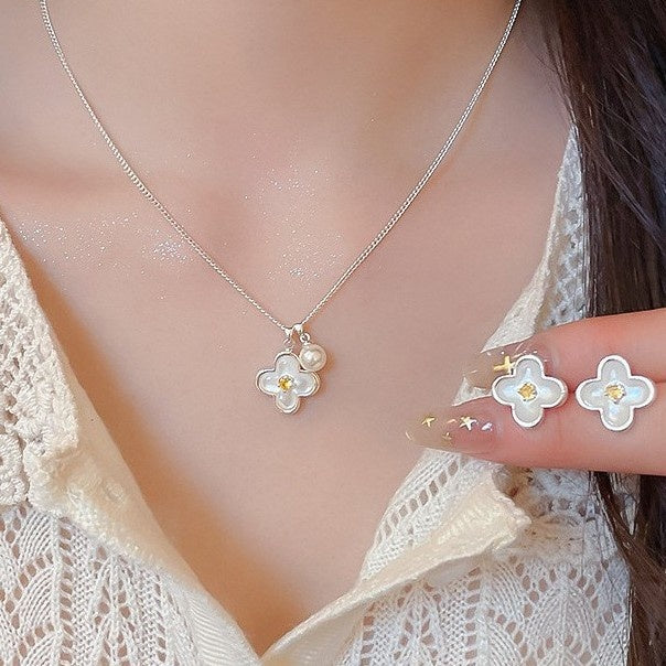 Mother Of Pearl Flower Stud Earrings Necklace Jewelry Set, Light Luxury Elegant Women's Accessories