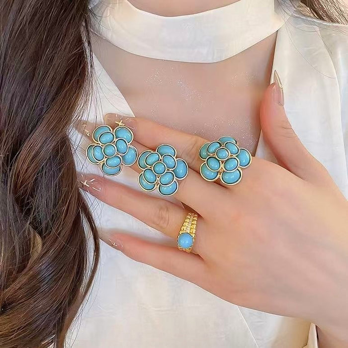 Vintage Resin Flower Stud Earrings And Ring Jewelry Set With Silver Pins Palace Style