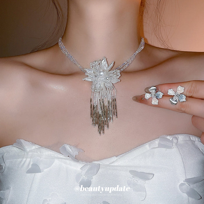 Light Luxury Crystal Flower Faux Pearl Stud Earrings Necklace Jewelry Set For Women