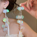 Glass Beaded Shell Petal Tassel Drop Earrings With Silver Pins, Resort Style Round Geometric Design view 3