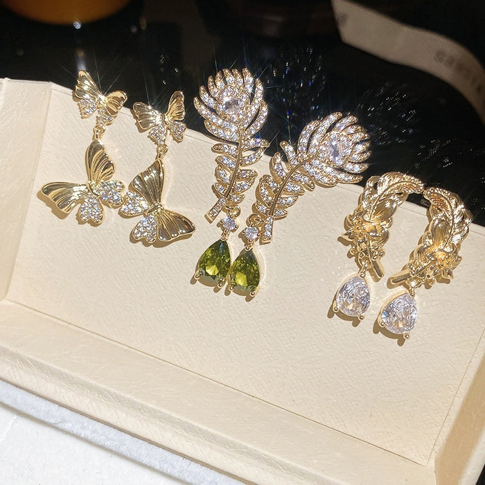 Copper Full Zircon Feather Butterfly Stud Earrings For Women Light Luxury Minimalist Design