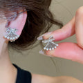 18K Gold Plated Faux Pearl Bow Flower Clip-on Earrings, Light Luxury No Piercing Jewelry view 4