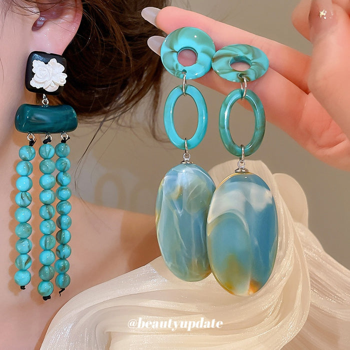 Bohemian Acrylic Geometric Flower Tassel Drop Earrings Ethnic Round Statement Stud Style