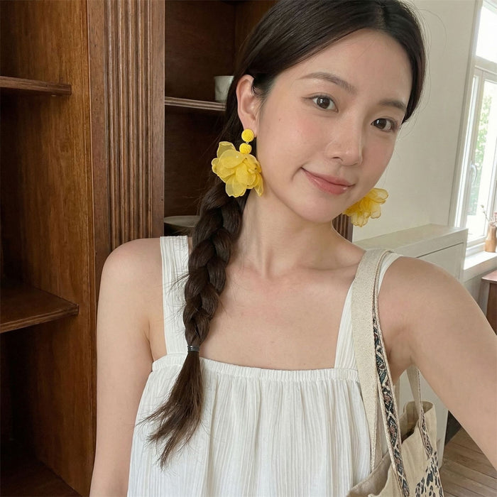 Elegant Korean Yellow Raffia Flower Dangle Stud Earrings For Women Sweet Fresh Bohemian Tassel Earrings