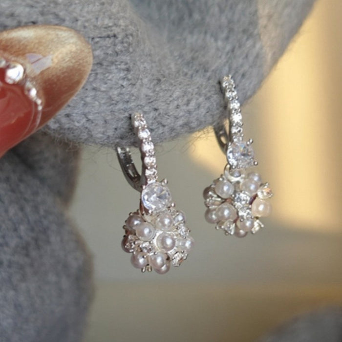 Faux Pearl Zircon Ball Geometric Round Pendant Drop Earrings For Women Light Luxury Fashion Jewelry
