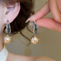 French Vintage Champagne Faux Pearl Stud Earrings Round Geometric Light Luxury Versatile Jewelry view 3