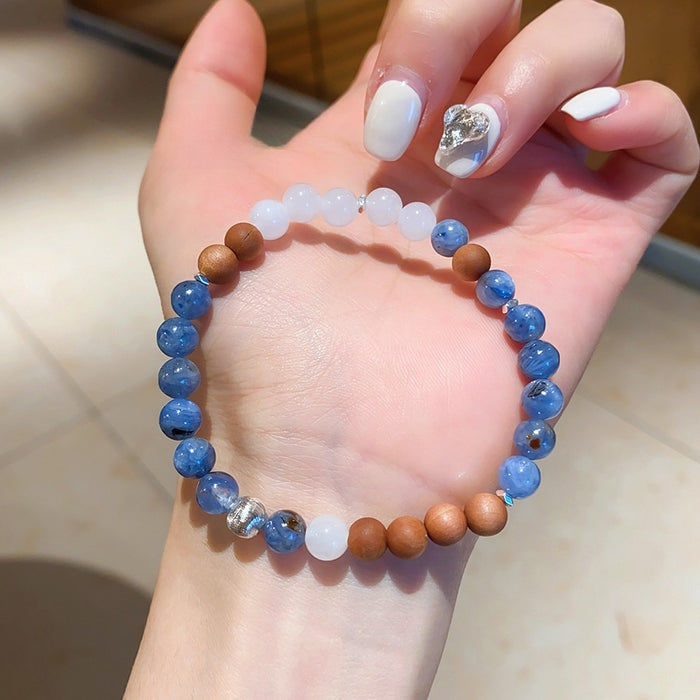 Natural Blue Crystal Agarwood Beaded Bracelet, Minimalist Geometric Round Bead Fashion OL Jewelry