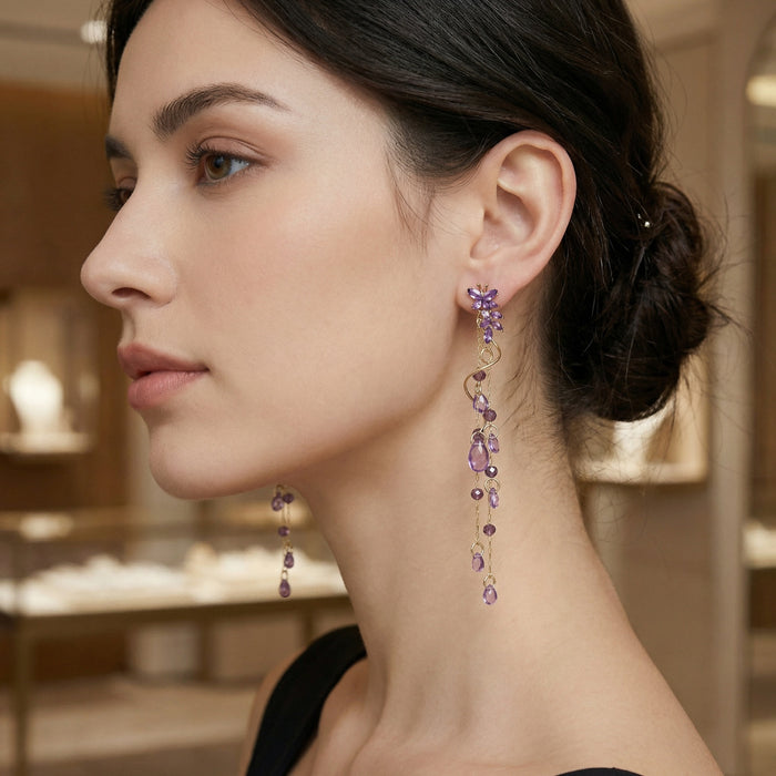 Elegant Vintage Purple Crystal Floral Tassel Long Drop Alloy Chain Rhinestone Luxury Dangle Earrings