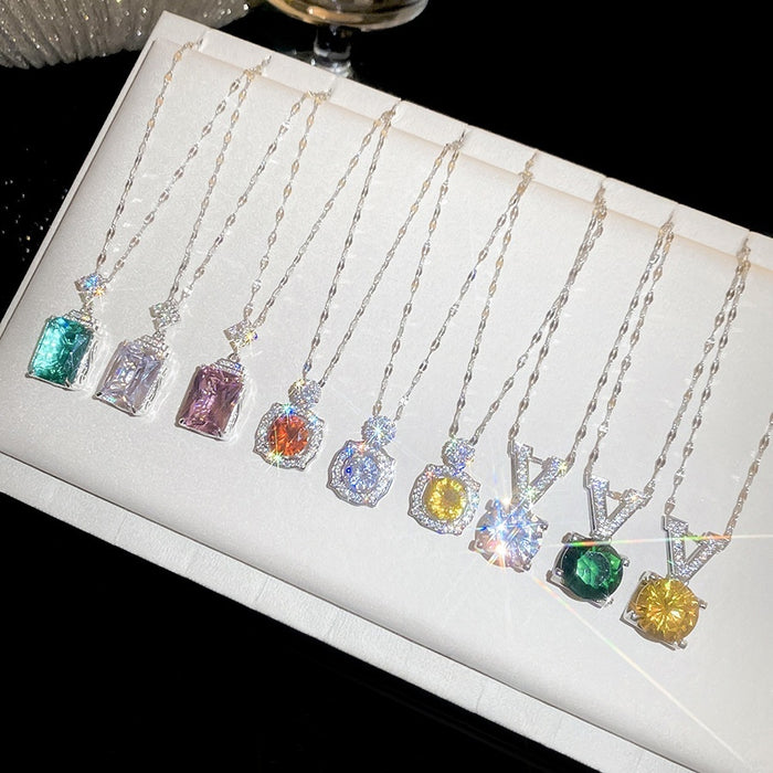 Light Luxury Copper Zircon Geometric Round Square Pendant Necklace For Daily Commuting