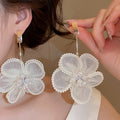 Faux Pearl Flower Drop Earrings With Silver Pins, Gauze Petal Pendant, Sweet Vacation OL Style view 3