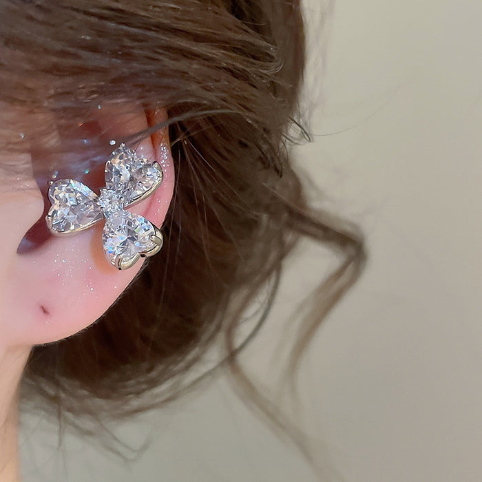 Korean Light Luxury Copper Zircon Heart Flower Clip-on Earrings for Women