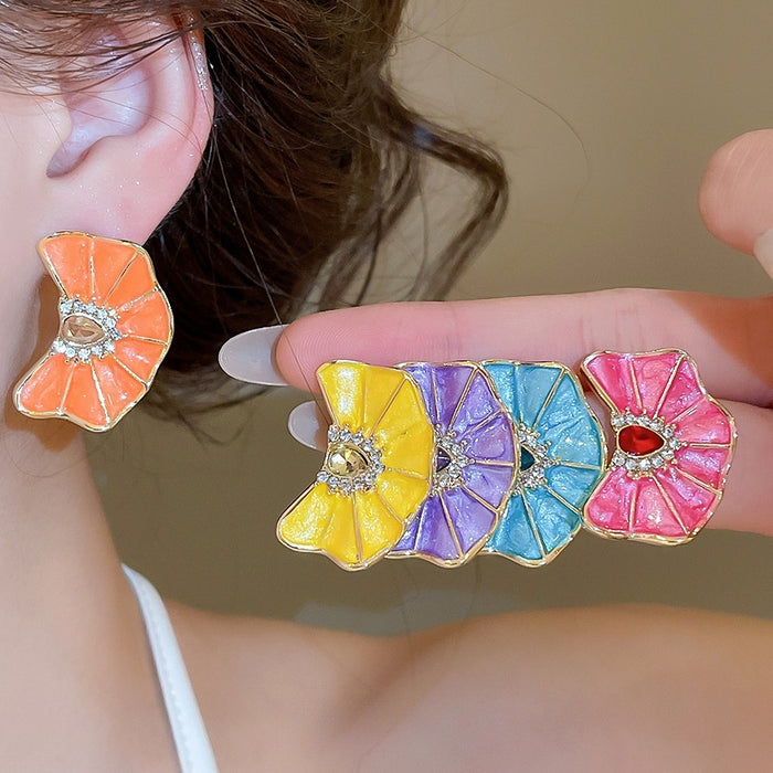 Alloy Rhinestone Enamel Wrinkled Flower Stud Earrings, Hawaiian Vacation Sweet OL Style