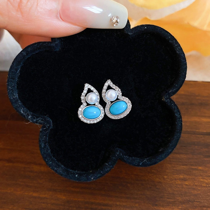Copper Bohemian Zircon Gourd Pearl Stud Earrings Vintage Ethnic Light Luxury Jewelry