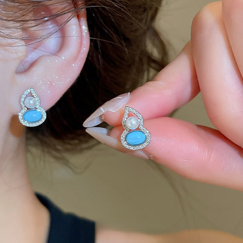 Copper Bohemian Zircon Gourd Pearl Stud Earrings Vintage Ethnic Light Luxury Jewelry