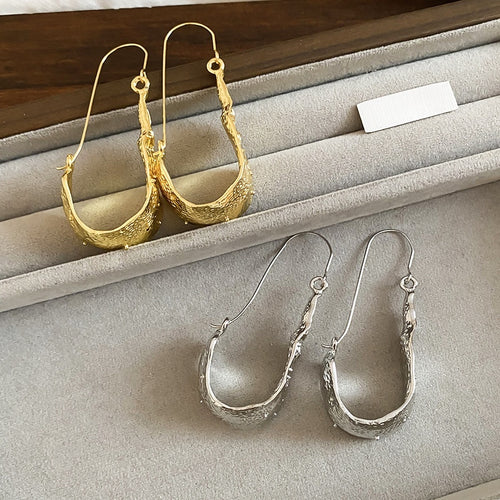 European Style Oval Alloy Earrings For Women, Textured Metal Ear Hook Statement Jewelry
