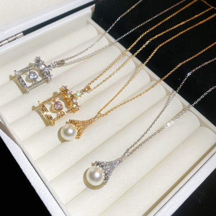 Light Luxury Faux Pearl Zircon Geometric Hollow Round Pendant Necklace For Women
